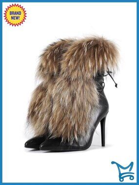 Handmade Stiletto High Heeled Ankle Bootie, Furry Fur Fluffy Plush
